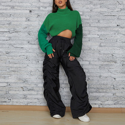 Autumn New Style Women's Fashion Color Contrast Splicing Long Sleeve Street Shot Knitting High Collar Loose Casual Sweater