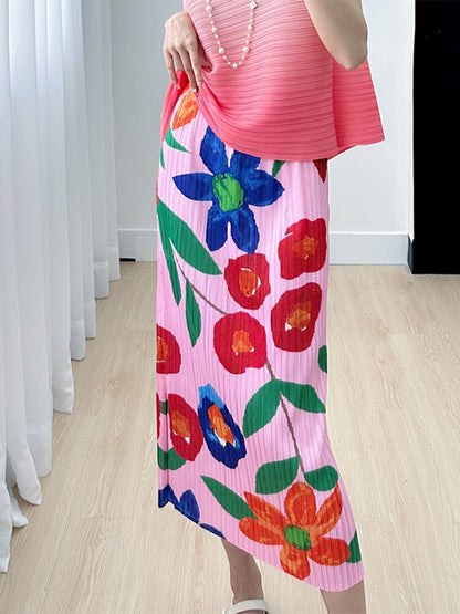 Miyake High-end Print Pink Half-body Skirt  Summer New Slim and Versatile Pleated Open A Word Women's Skirt