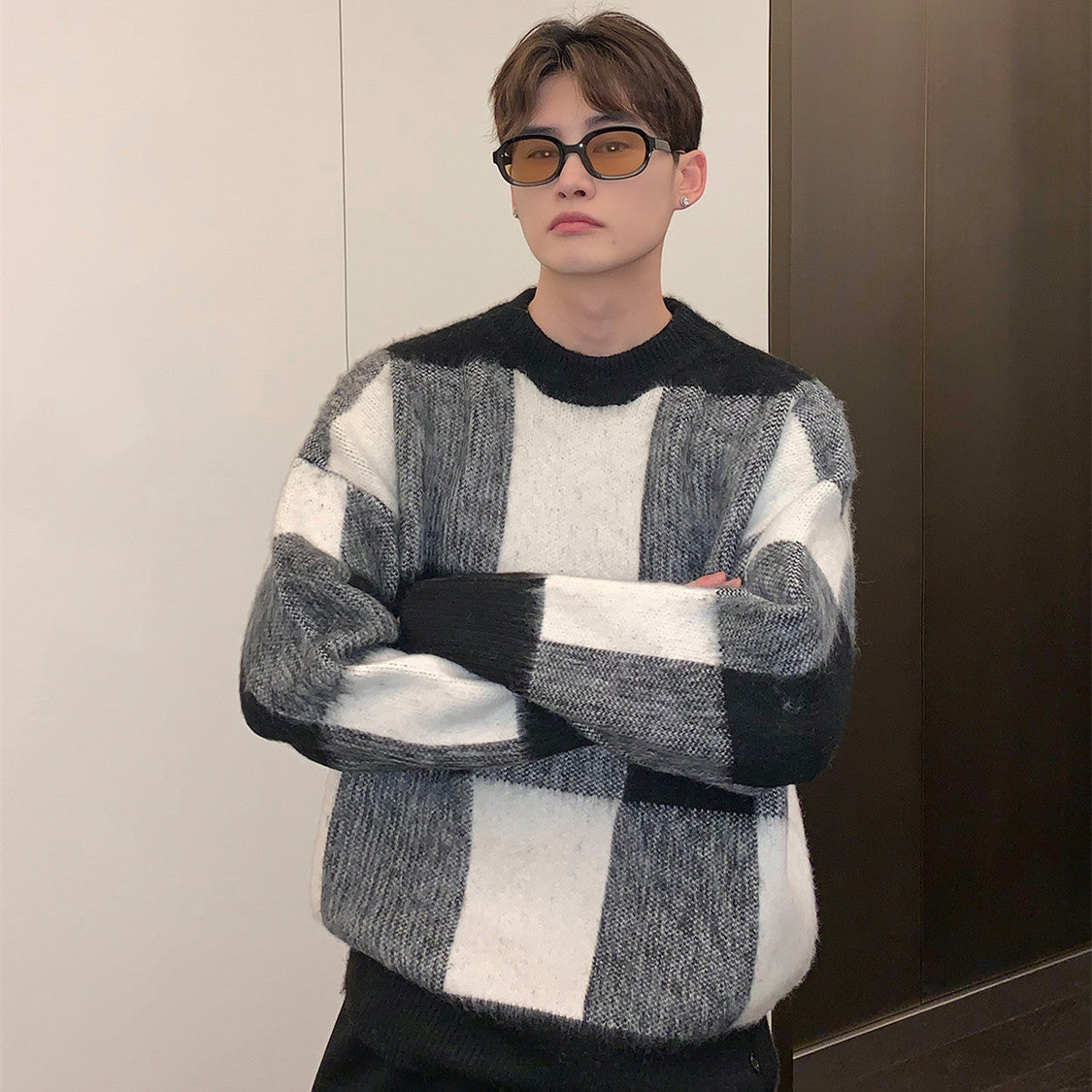 Plaid Color Contrast Crewneck Sweater Men Loose Winter Niche Fashion