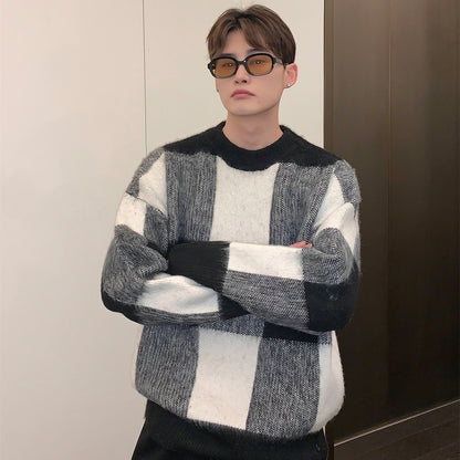 Plaid Color Contrast Crewneck Sweater Men Loose Winter Niche Fashion