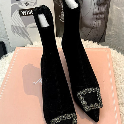 Rhine-drill Pointed High Heels Square Buckle Elastic Boots Large Size Ankle Boots Low Heel