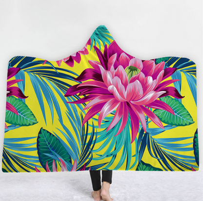 Hooded Thermal Fleece Blanket Coral Fleece Print Winter Warm Home Travel Portable Wearable Thick Hoodie Blanket For Adults Kids