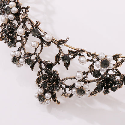 Floral Black Diamond Pearl Baroque Bridal Crown Wedding Tiara Accessories