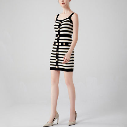 Newest Summer Black and White Contrast Color Striped Gold Shining Thread Slim Spaghetti Straps Women Knitting Sexy Dress