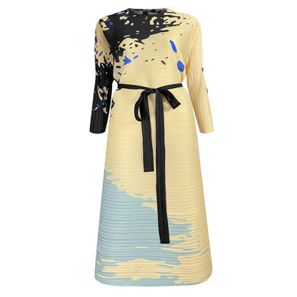 DEAT Fashion Pleated Dress Women Loose O Neck Full Sleeves Lace Block Color Printing Spring New Medium Long Elegant 15G1447