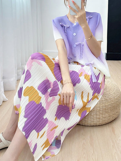 Printing Pleated Skirts For Women Korean Fashion High Waist With Elastic Slit Elegant Midi Skirt
