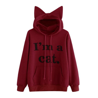 Harajuku Kawaii Cat Ear Cap Hoodies Women I AM A CAT Printed Hooded Sweatshirts Pink Top Cute Long Sleeve Loose Pullover Moletom