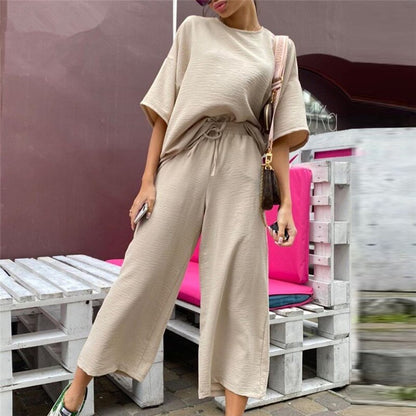 Sexy Fashion Khaki Women's Set Summer Casual Two Piece Set Short Sleeve Tops Shirt And Loose Beach Pants Set Bottom Suit Outfits