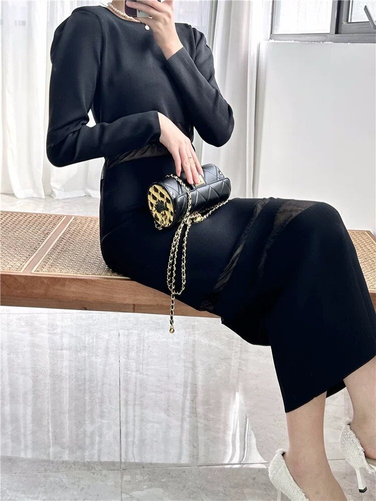 Spring/Autumn New Black Mesh Stitching Women's Long Knitted Dress High-quality Sexy Evening Dress Elegant Waist Unique Design