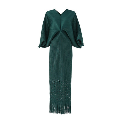 OFF high quality solid designer v-neck office work ladies maxi dresses for women new in zevity batwing sleeve elegant party robe