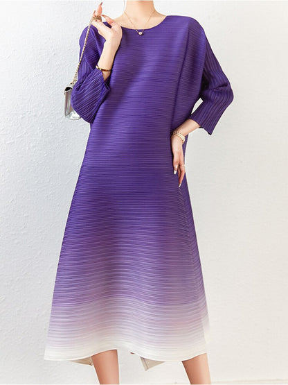 Women Pleated Dress Gradient Color O-neck Elegant Loose Waist Long Sleeve Dresses