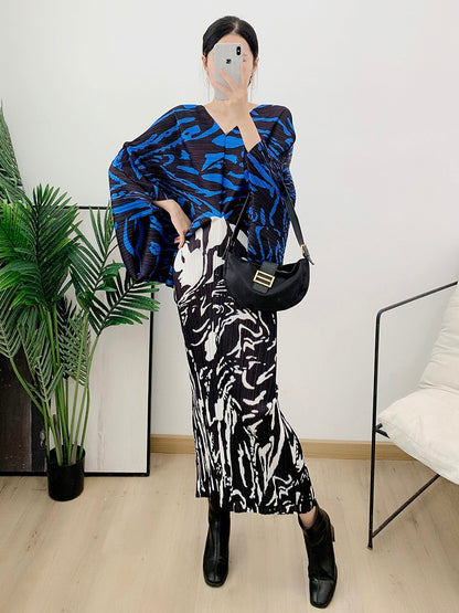 Elegant Printed Pleated Dress V Neck Batwing Sleeve Party Dresses For Women Spring Fashion Clothing