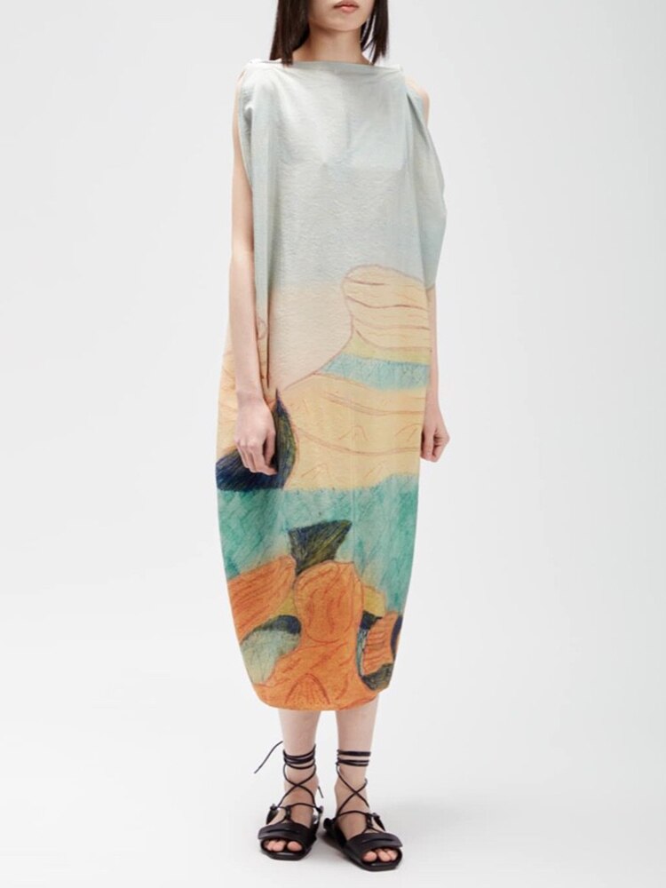Casual Printing Dresses for Women Slash Neck Sleeveless Loose Waist Patchwork Lace Up Backless Oversize Dress Female