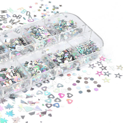 New 12-grid Boxed Mixed Color Nail Sequins Laser Maple Leaf Stars Heart DIY Ornament