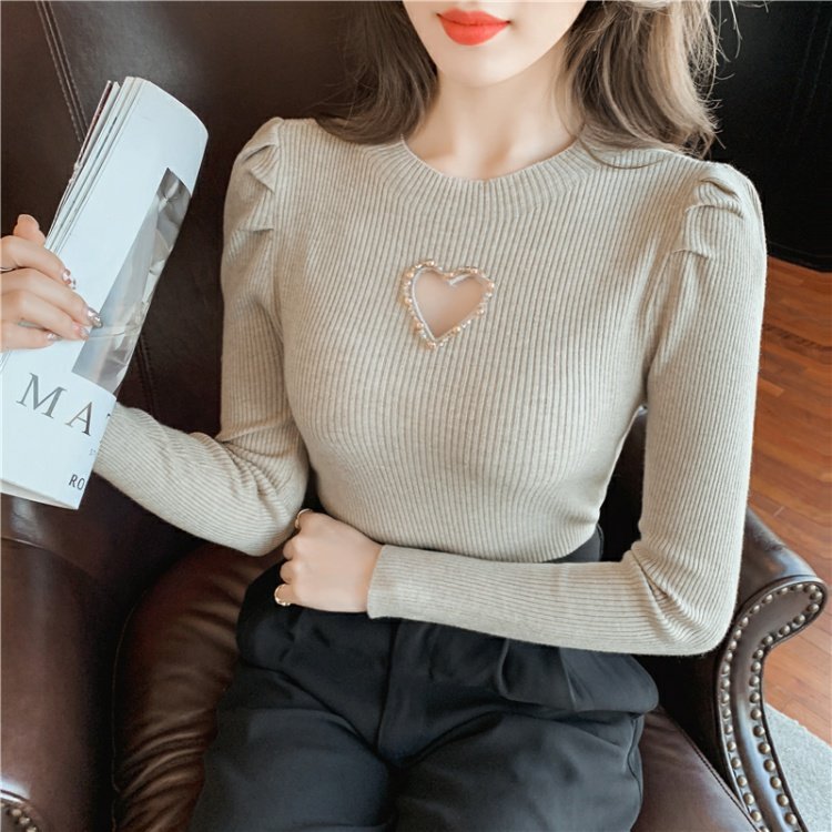 New Hollow Heart Beaded Knitted Bottom Shirt For Women