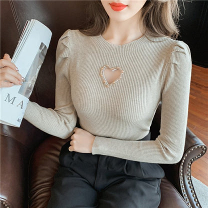 New Hollow Heart Beaded Knitted Bottom Shirt For Women