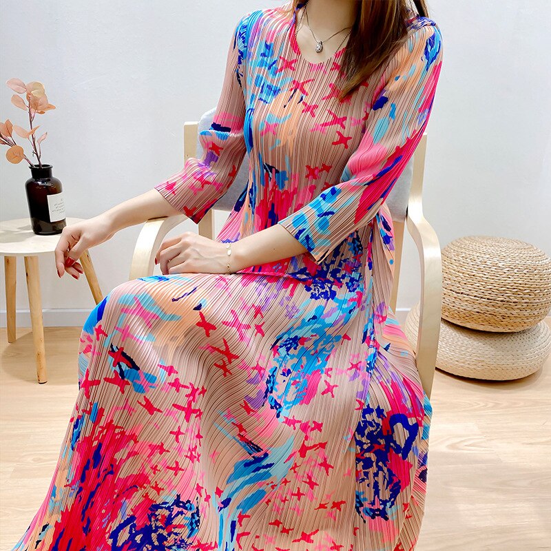 Miyake Pleated Autumn Winter Long Loose Designer Fashion Dress Elegance Women Aesthetic Long sleeve Clothing