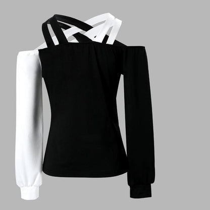 Black And White Patchwork Casual Fashion Cross Belt Women's Top