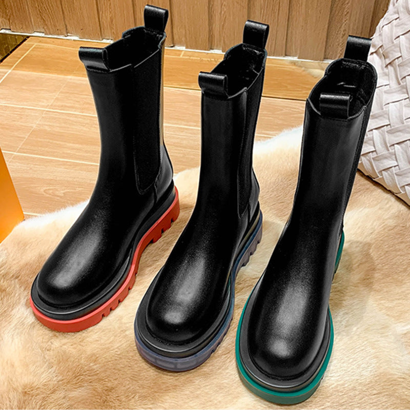 Women's thin and handsome thick-soled mid-tube Martin boots