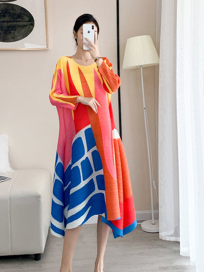 Printed Pleated Dress Women Long Sleeves Contrast Color Irregular Loose Lady Stylish Party Clothing