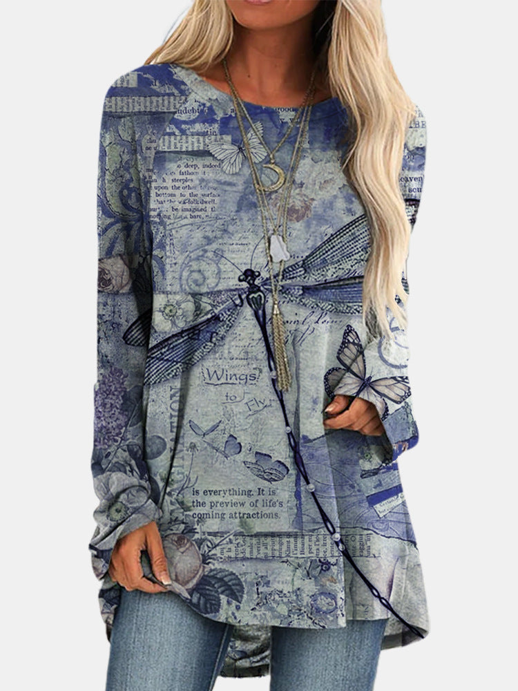 Retro butterfly print gradient long-sleeved T-shirt