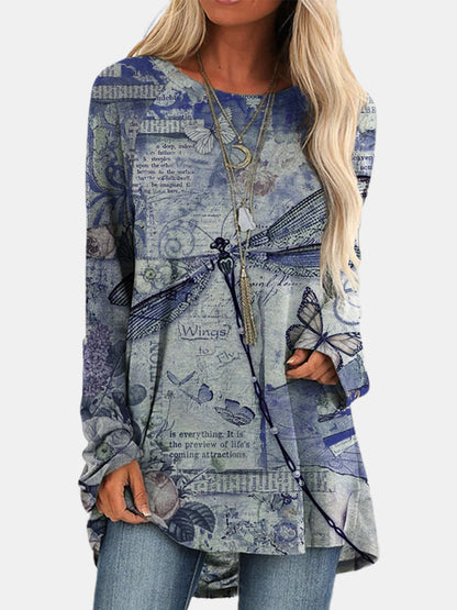 Retro butterfly print gradient long-sleeved T-shirt