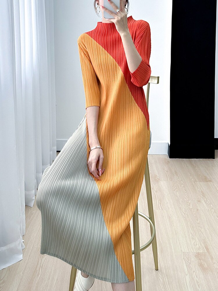 DEAT Pleatd Color Block Dress Women Stand Collar Loose Summer New 2023 Medium Long Elegant Pullover Female Casual 15KB1913
