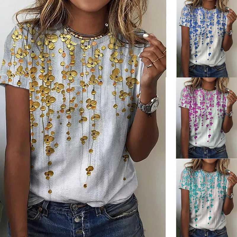Floral Digital Printed Round Neck Short Sleeve T-shirt
