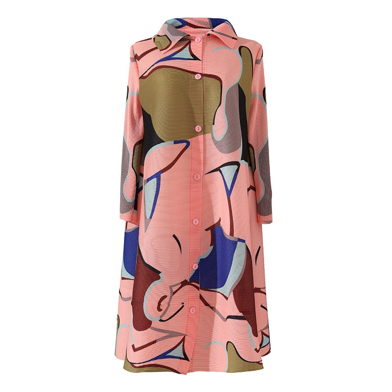 Miyake Pleated Printed Midi Dress for Women 2023 Spring Autumn New Polo Collar Single-Breasted Loose Plus Size Mid-Length Dress