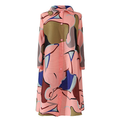 Miyake Pleated Printed Midi Dress for Women 2023 Spring Autumn New Polo Collar Single-Breasted Loose Plus Size Mid-Length Dress