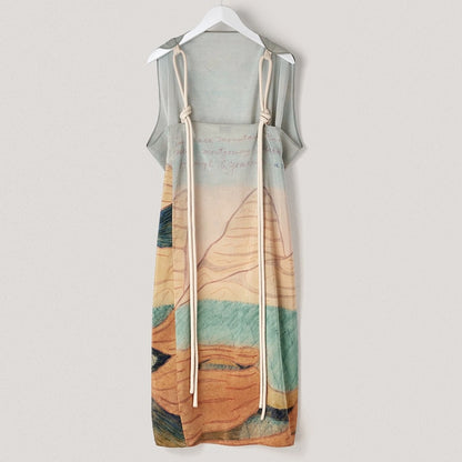 Casual Printing Dresses for Women Slash Neck Sleeveless Loose Waist Patchwork Lace Up Backless Oversize Dress Female