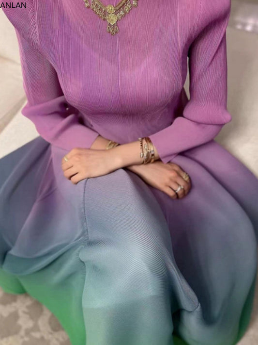Gradient Color Miyake Pleated Fashion Dress O-Neck Full Sleeves Luxury Party Dresses for Women