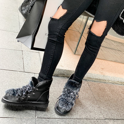 Rabbit fur lace-up snow boots