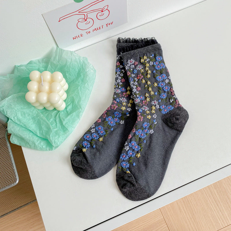 Ethnic Style Retro Embossed Jacquard Mid Tube Cotton Women's Socks