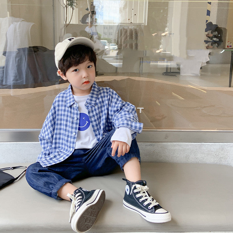 Fashion Boys Autumn Blue Plaid Shirt