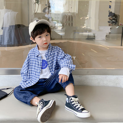 Fashion Boys Autumn Blue Plaid Shirt