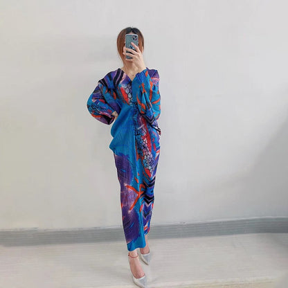 Sanzhai Pleated Summer New Bat Sleeves Loose Cover Meat Reduce Age Large Medium Length Bottom Dress