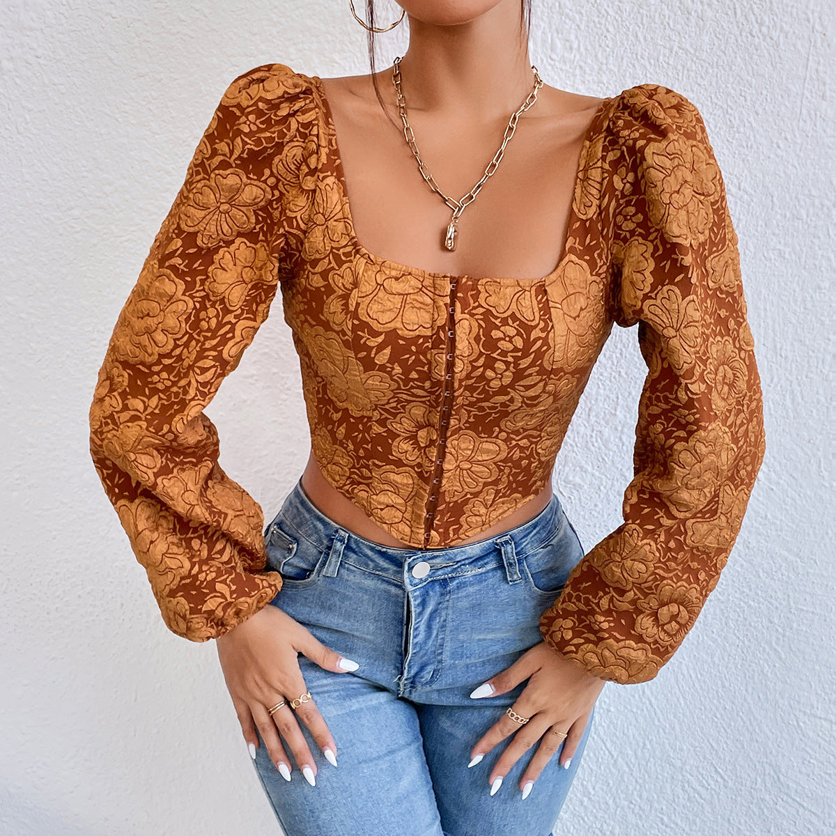 Embroidered Small Tank Top With Long Sleeved Buttons