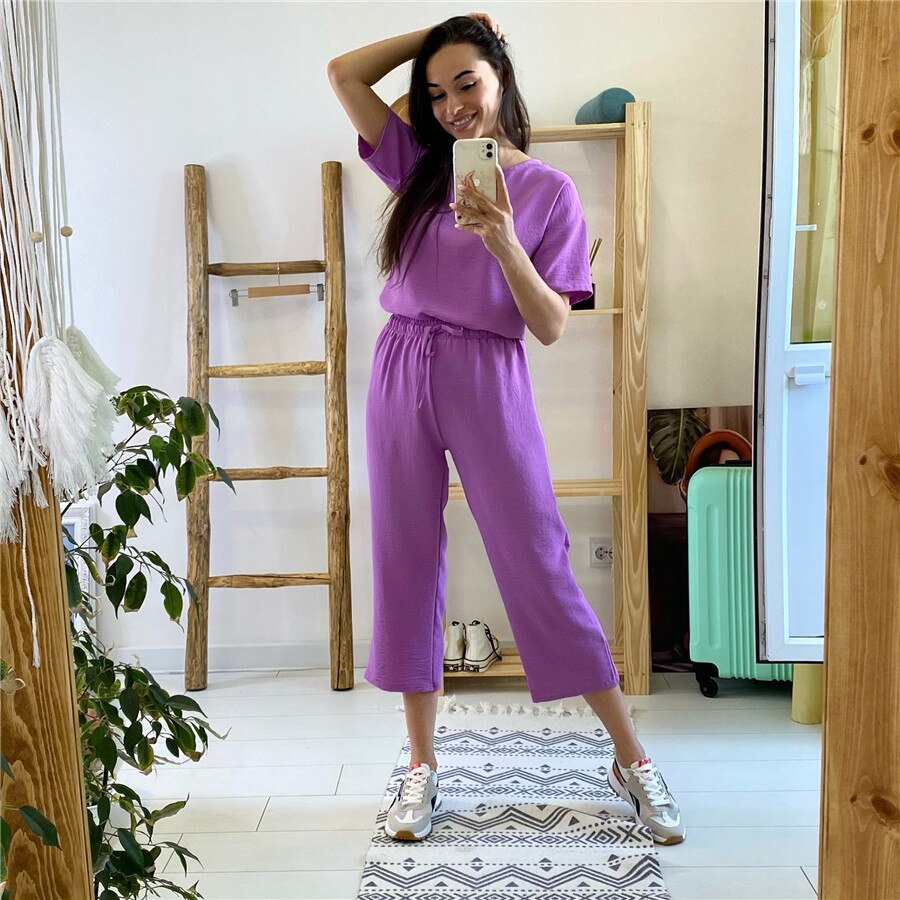 Sexy Fashion Khaki Women's Set Summer Casual Two Piece Set Short Sleeve Tops Shirt And Loose Beach Pants Set Bottom Suit Outfits