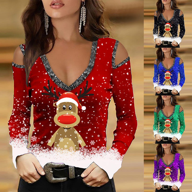 Fashion Women's Print Sexy Long Sleeve V-neck Top