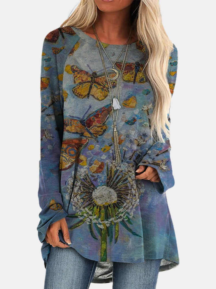 Retro butterfly print gradient long-sleeved T-shirt