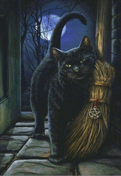 5D Diamond Painting Cat And Broom, Full Embroidery, Art,