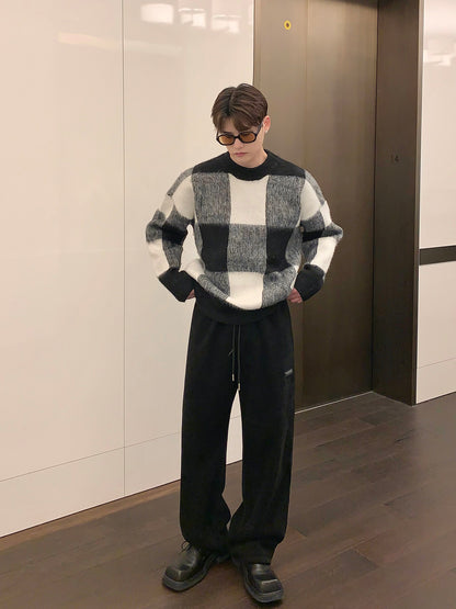 Plaid Color Contrast Crewneck Sweater Men Loose Winter Niche Fashion