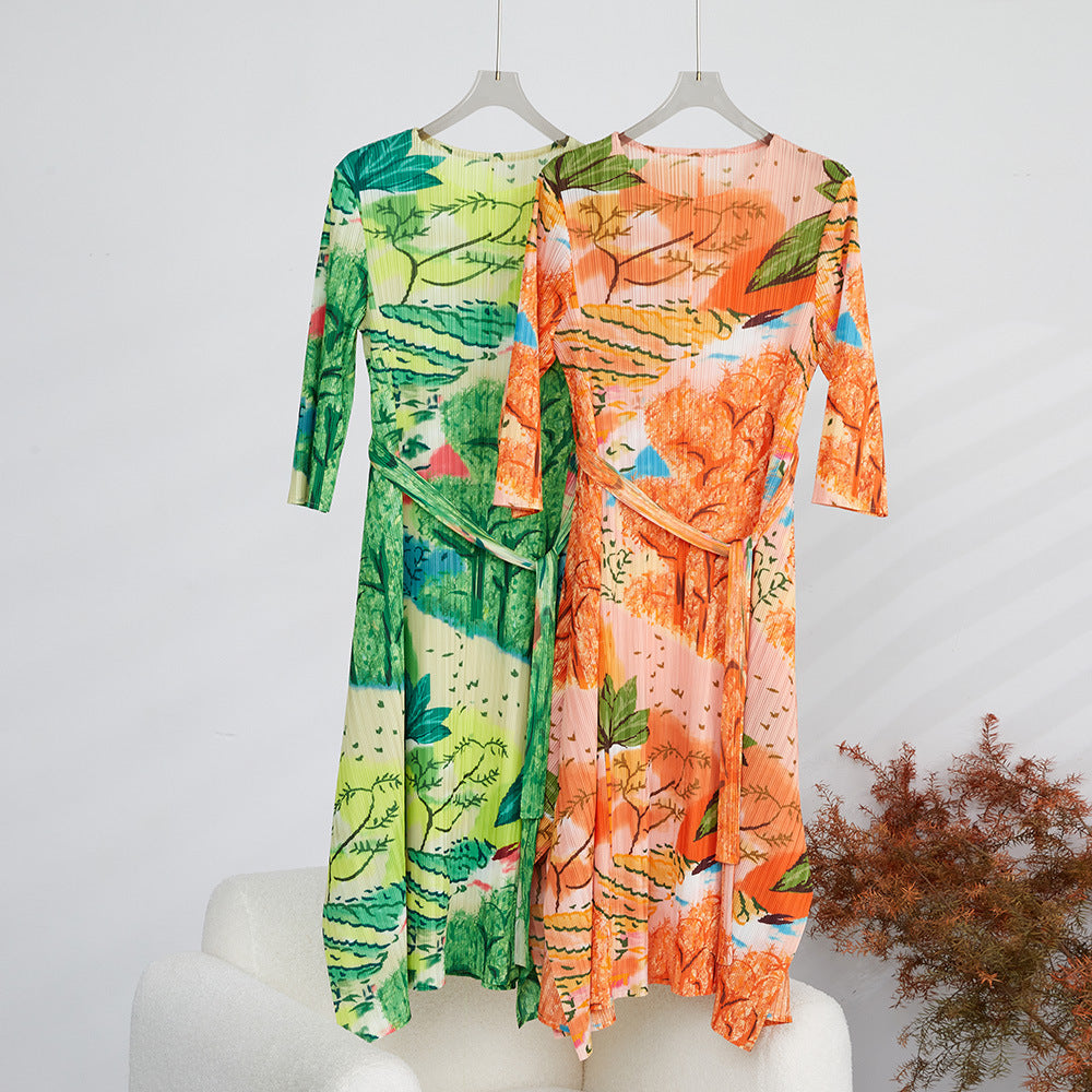 Pleated Belt Dress For Women Fashion Printed Round Neck Long Sleeves A-line Dresses Female Clothing
