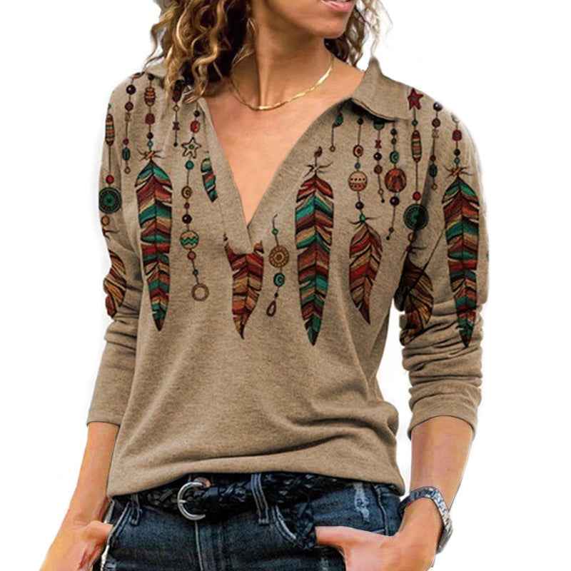 Ladies Retro Print V Neck Long Sleeves