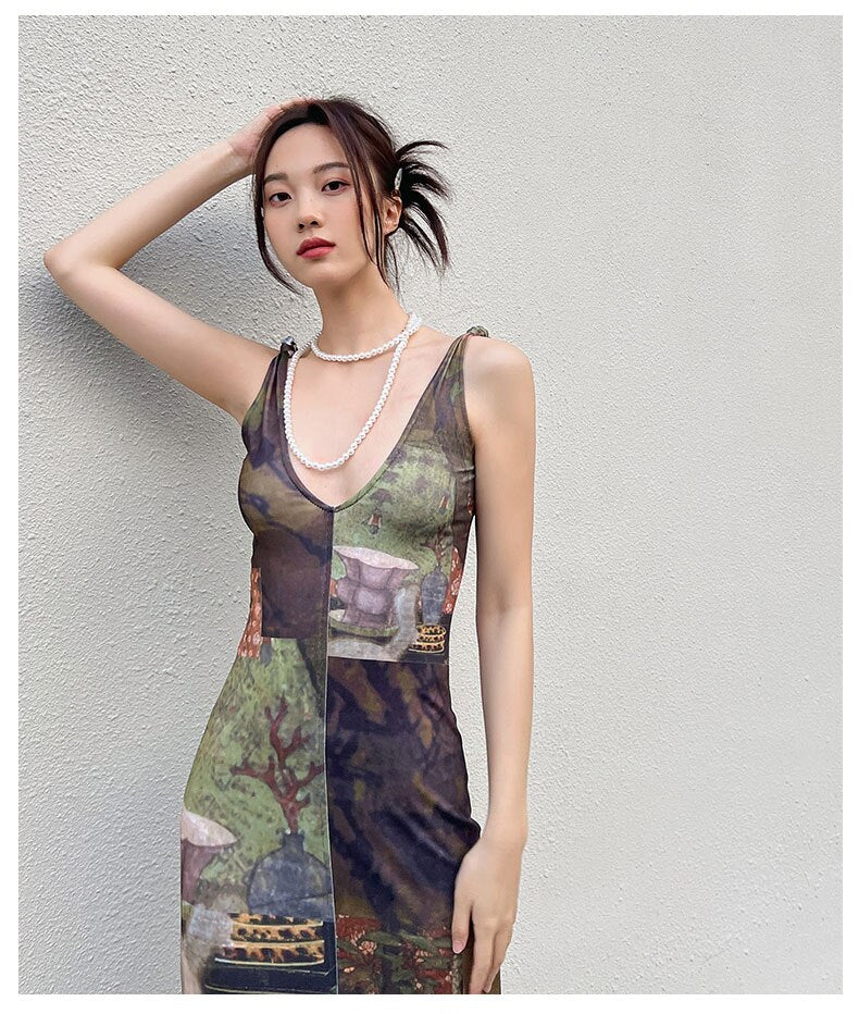 OFF designer aesthetic vintage print mermaid dresses for women summer slim bodycon tank lady dress holiday beach party vestidos