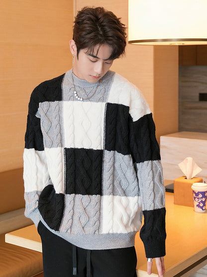Crewneck Sweater Men's Checkerboard Senior Sense Loose Casual Thick