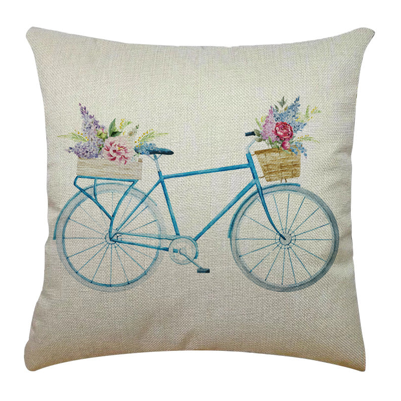 Bicycle Illustration Linen Pillow Cover Vase English Letters Home Cushion 4545