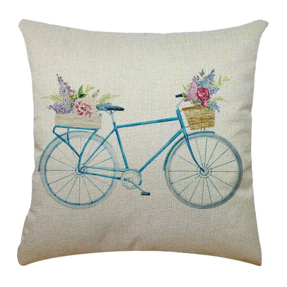 Bicycle Illustration Linen Pillow Cover Vase English Letters Home Cushion 4545