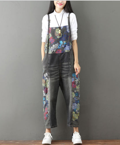 Women's Wide Leg Jeans Full Length Loose Denim Overalls Washed Print Ripped Hole Overalls
